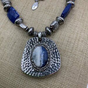 Chico's Textured Metal Pendant Blue Silver Etched Beaded Long Chain Necklace